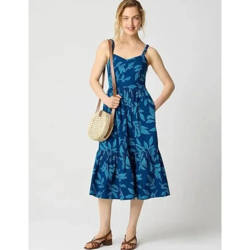 J.Crew Petite Poplin Corset Midi Dress Cotton Tropical Blue Vacation 0P NWT - Picture 2 of 12